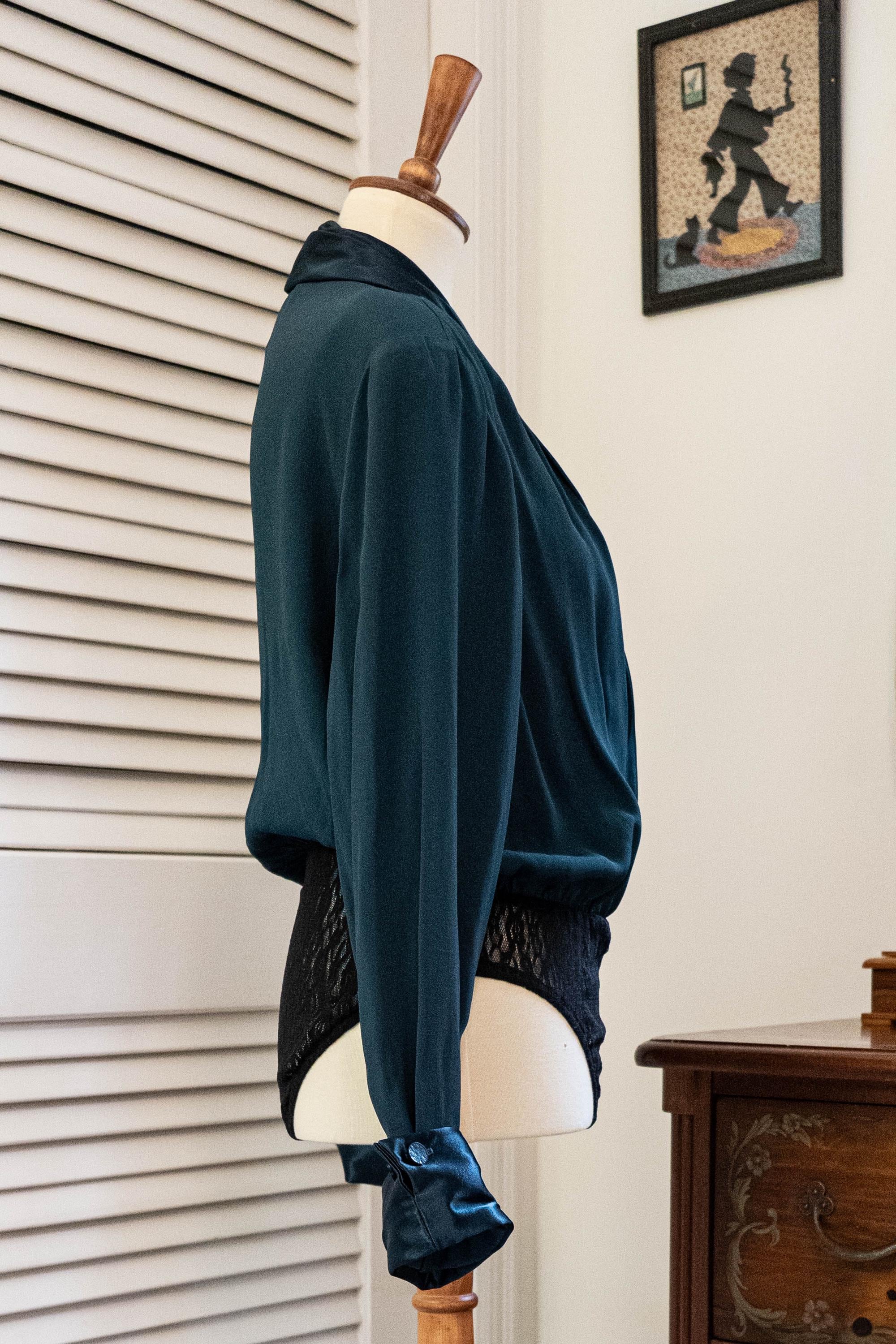 Vintage 1980s Teal Satin and Black Lace Bodysuit Deadstock