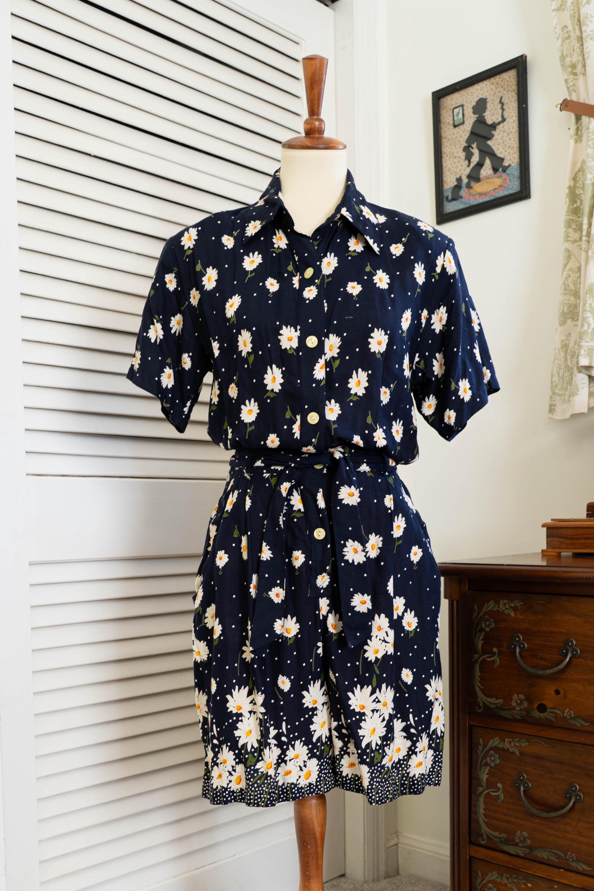 Vintage 1980s Blue Floral Daisy Romper Jumpsuit