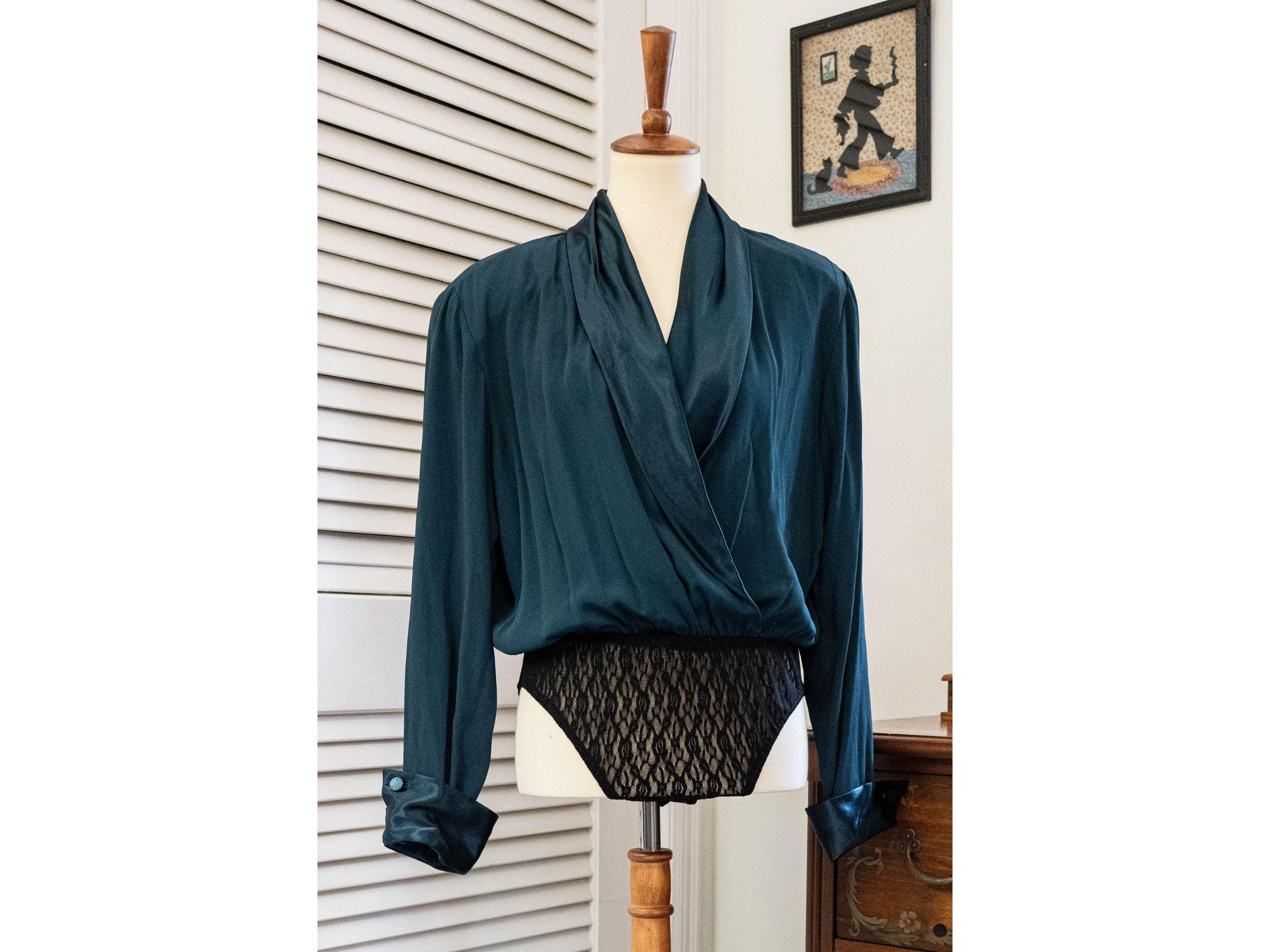 Vintage 1980s Teal Satin and Black Lace Bodysuit Deadstock