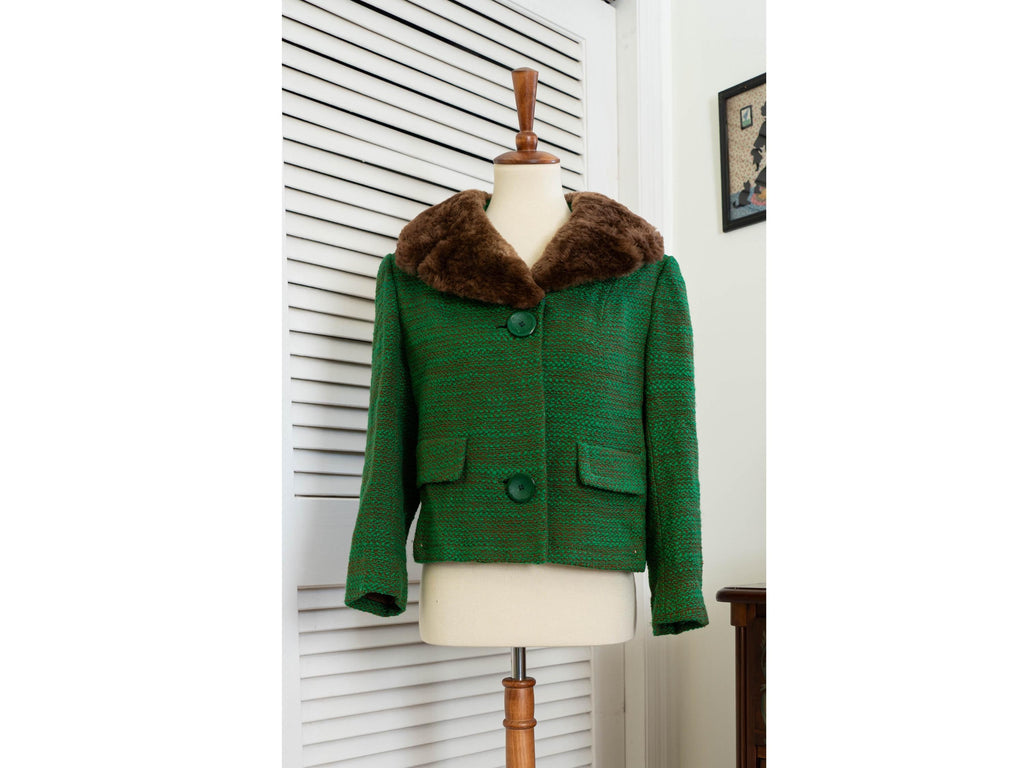 Vintage 1960s Green Faux Fur Collar Blazer