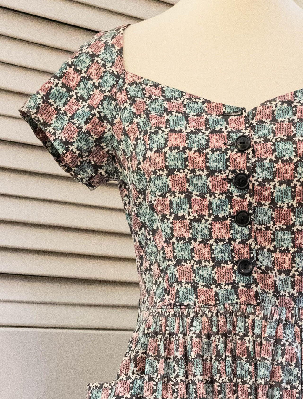 Vintage 1960s Blue Pink Abstract Print Button Down Shirt Dress