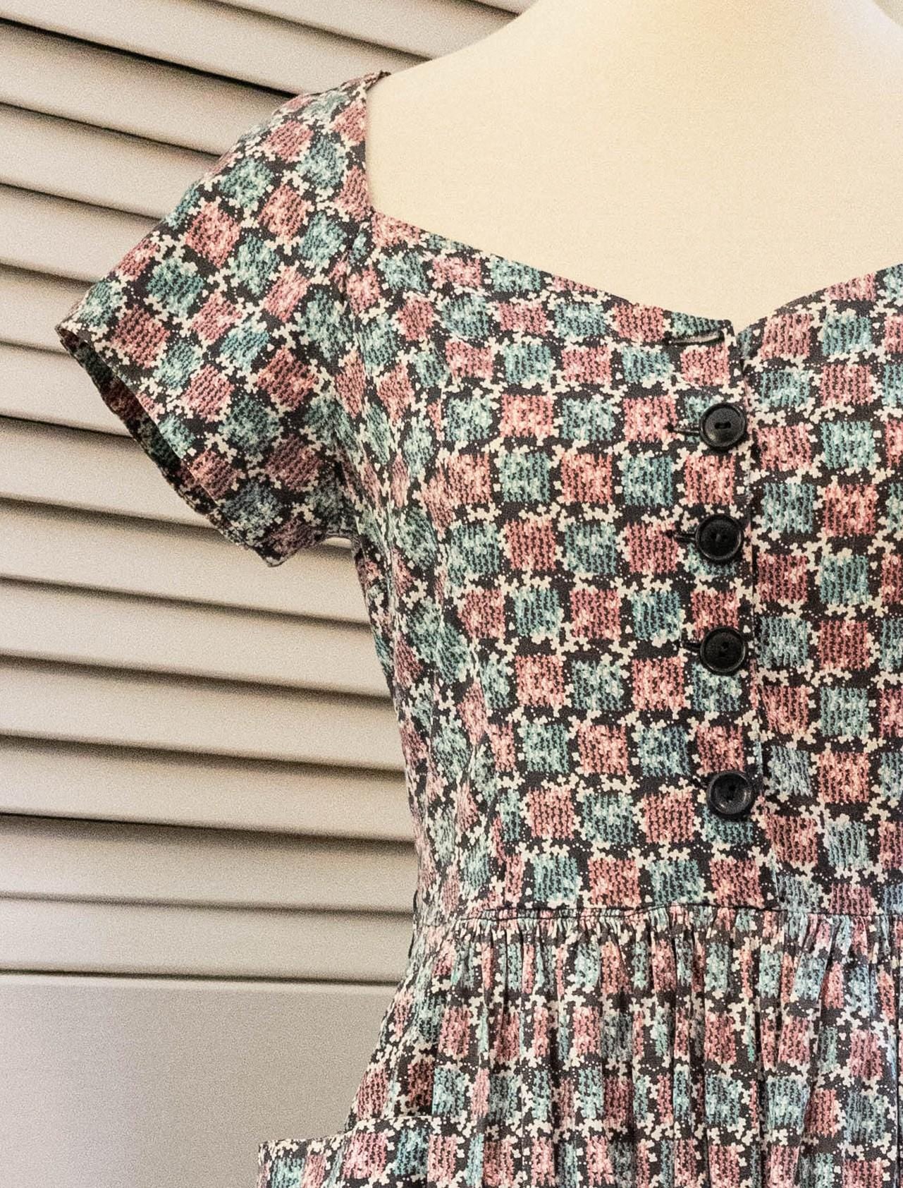 Vintage 1960s Blue Pink Abstract Print Button Down Shirt Dress