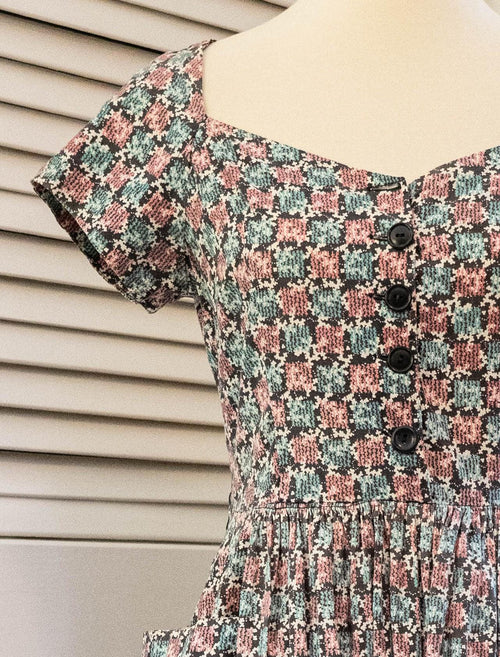 Vintage 1960s Blue Pink Abstract Print Button Down Shirt Dress