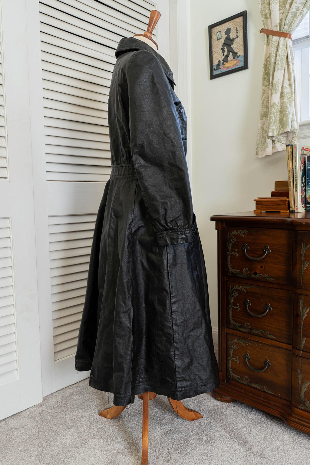 Vintage 1970s Black Leather Trench Princess Coat