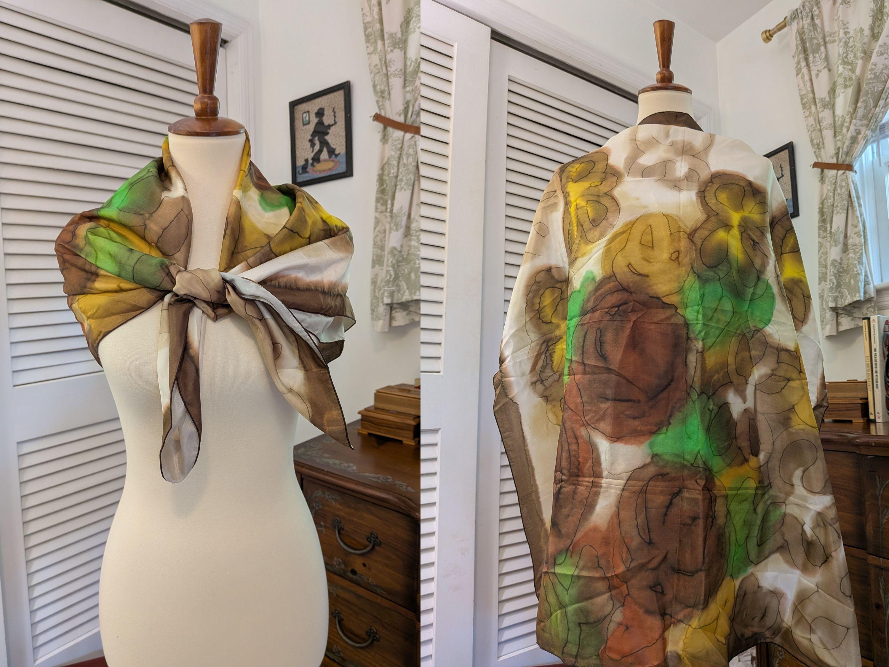 Vintage 1970s Silk Scarf Brown Green Yellow
