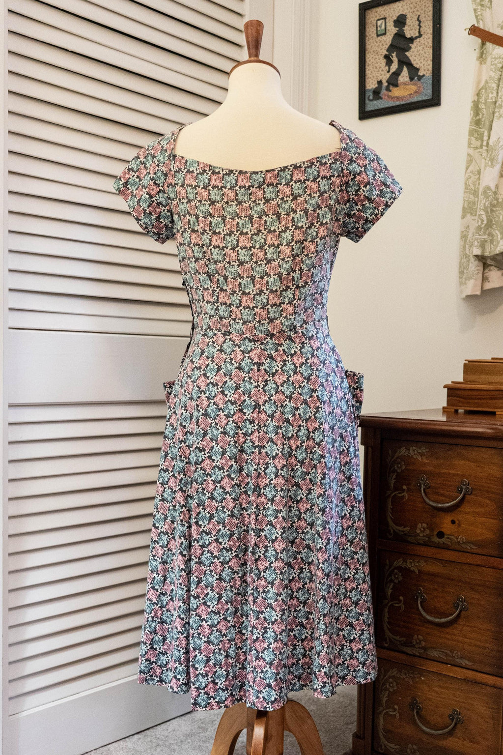 Vintage 1960s Blue Pink Abstract Print Button Down Shirt Dress