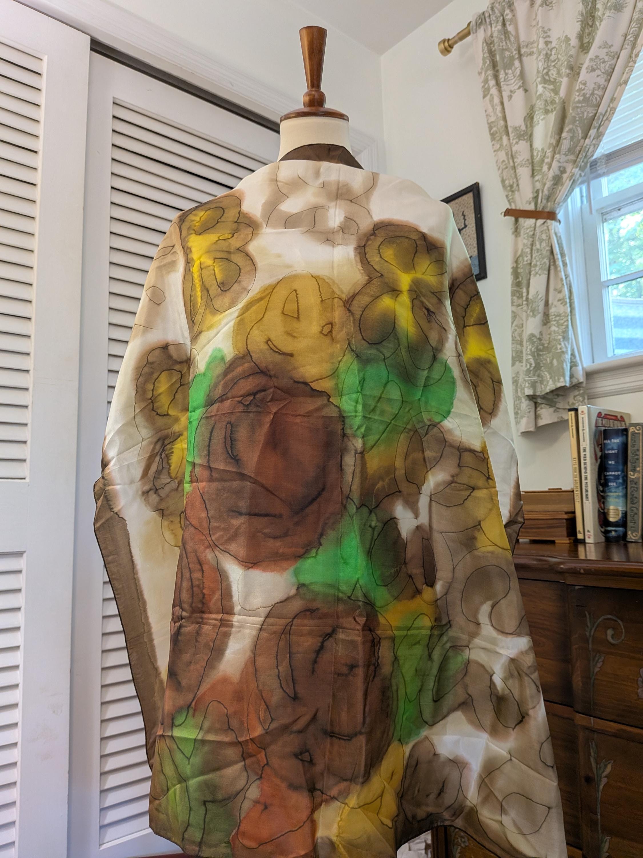 Vintage 1970s Silk Scarf Brown Green Yellow