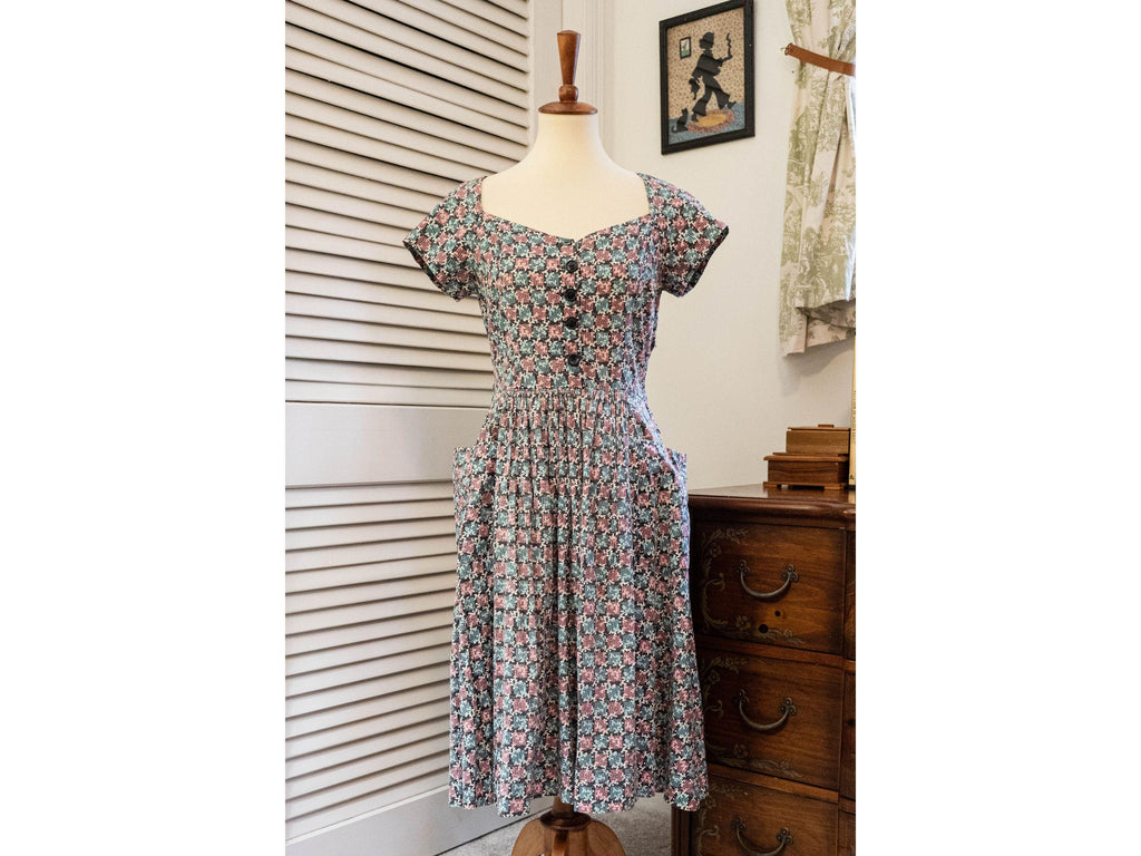 Vintage 1960s Blue Pink Abstract Print Button Down Shirt Dress