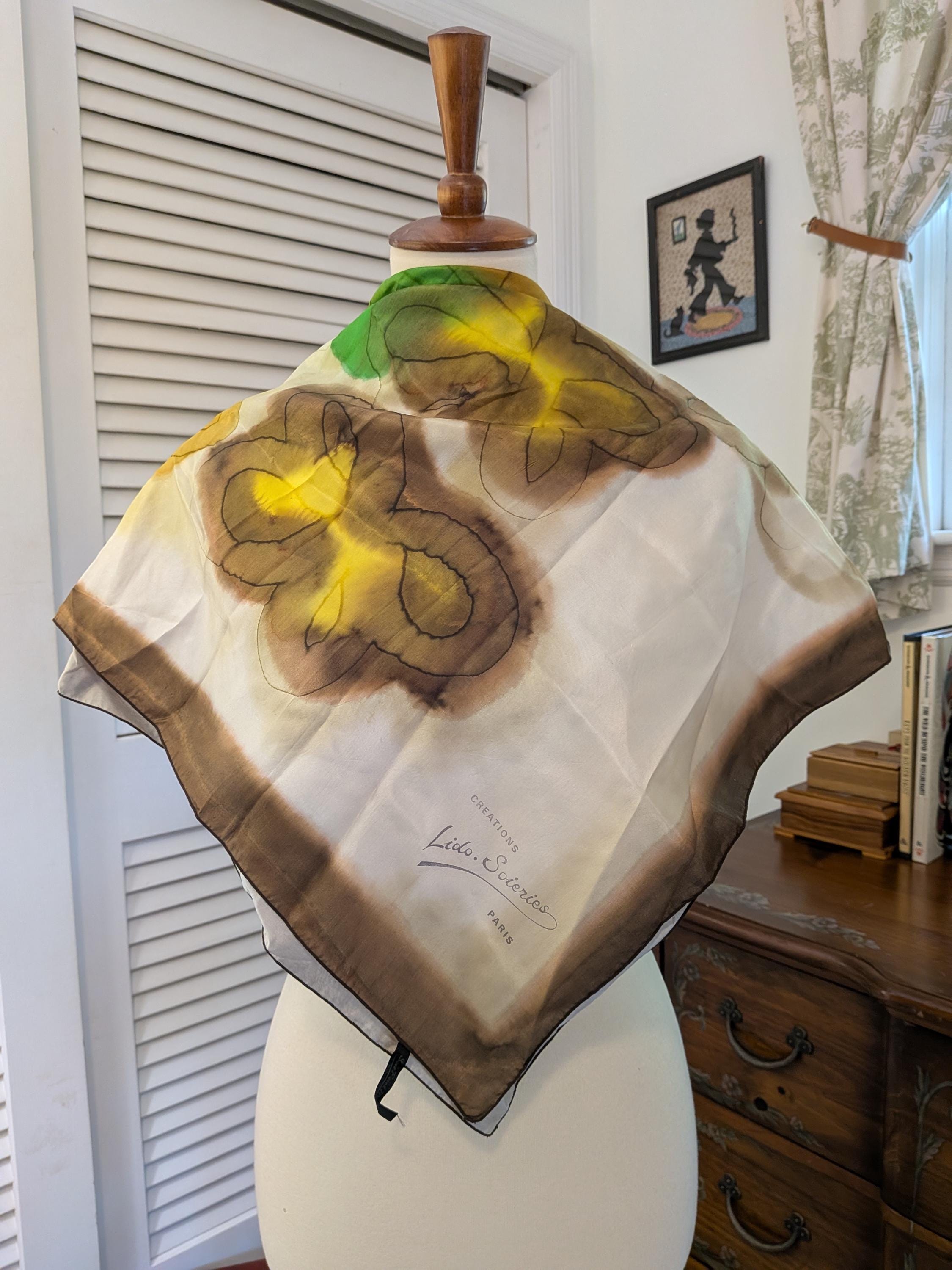 Vintage 1970s Silk Scarf Brown Green Yellow