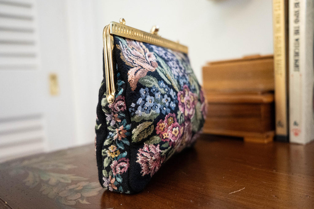 Vintage 1960s Embroidered Floral Black Clutch Handbag