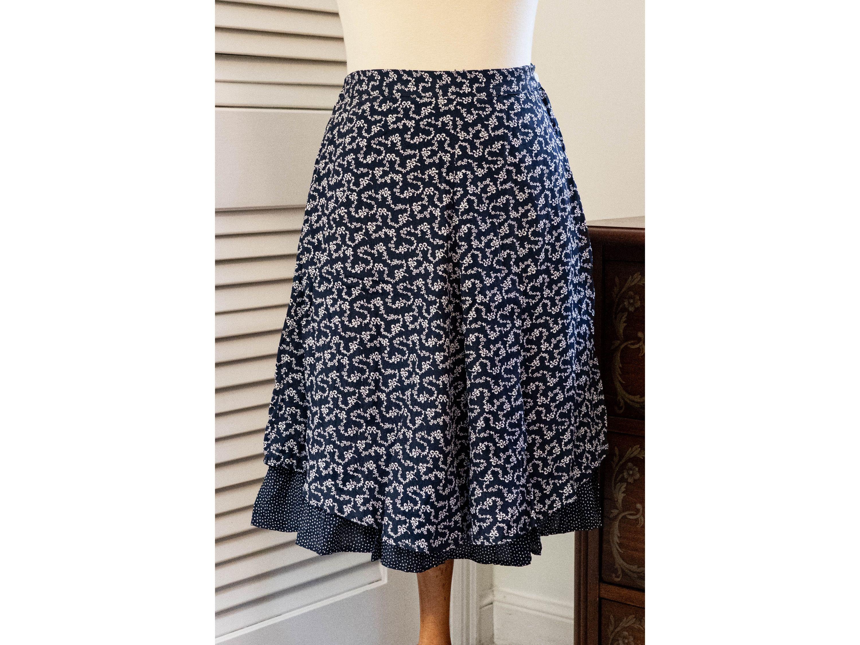 Vintage 1970s Midi Skirt Navy Blue Bow Print