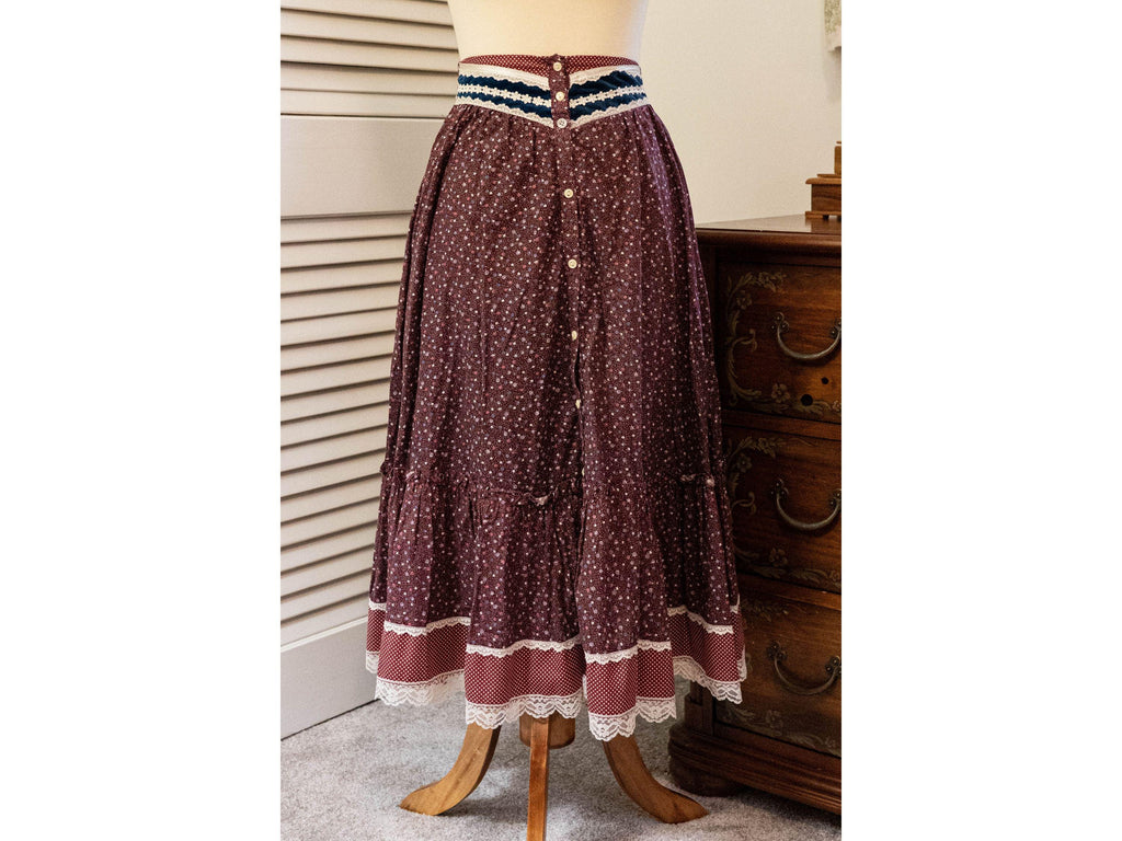 Vintage 1970s Jessica McClintock Gunnies Midi Skirt Burgundy Red