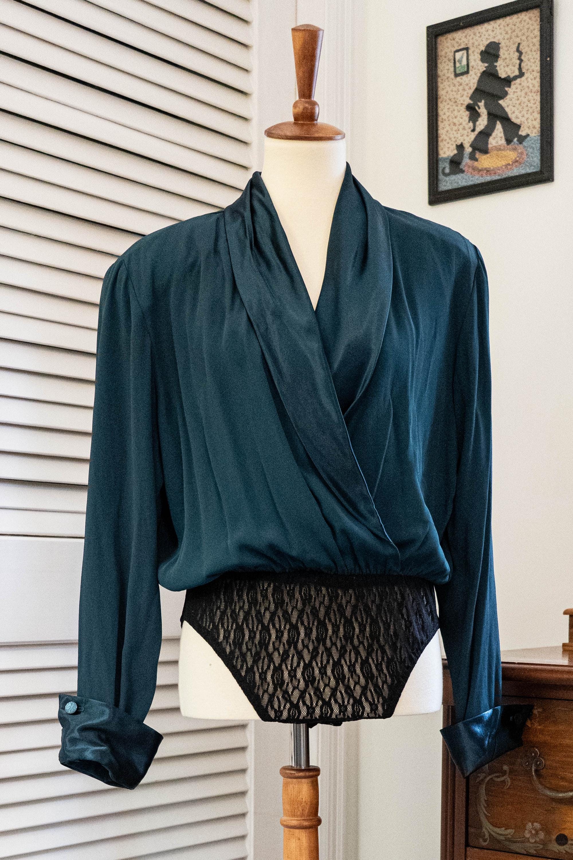 Vintage 1980s Teal Satin and Black Lace Bodysuit Deadstock