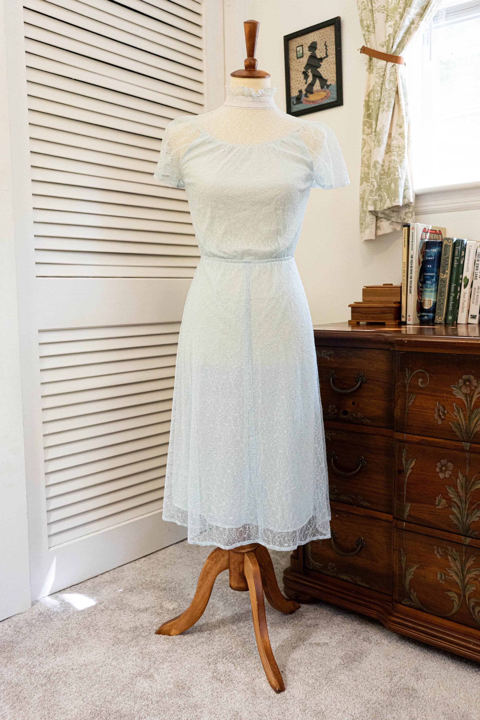 Vintage 1970s Pale Blue Floral Lace Party Dress