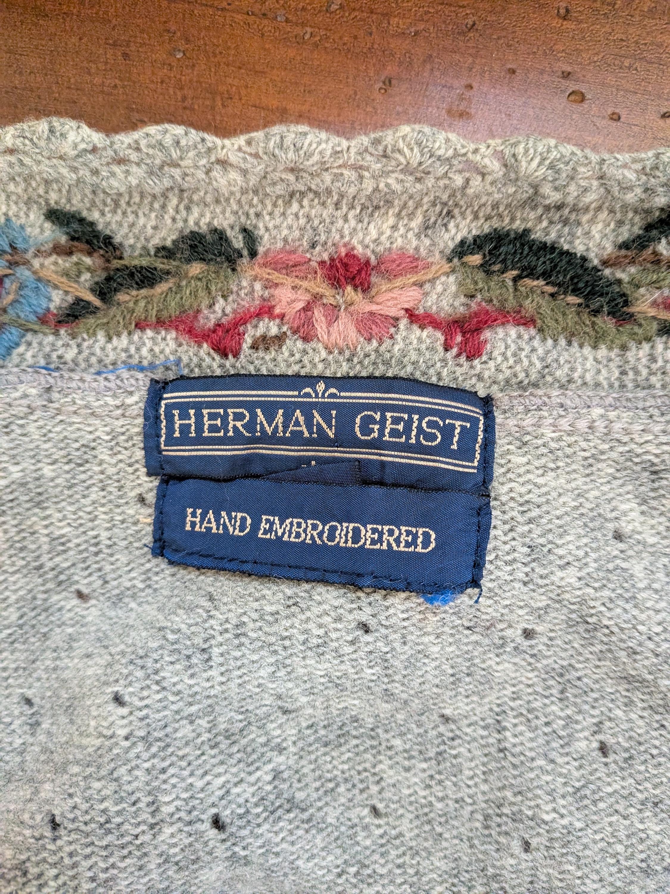 Vintage 1980s Floral Embroidered Gray Cardigan