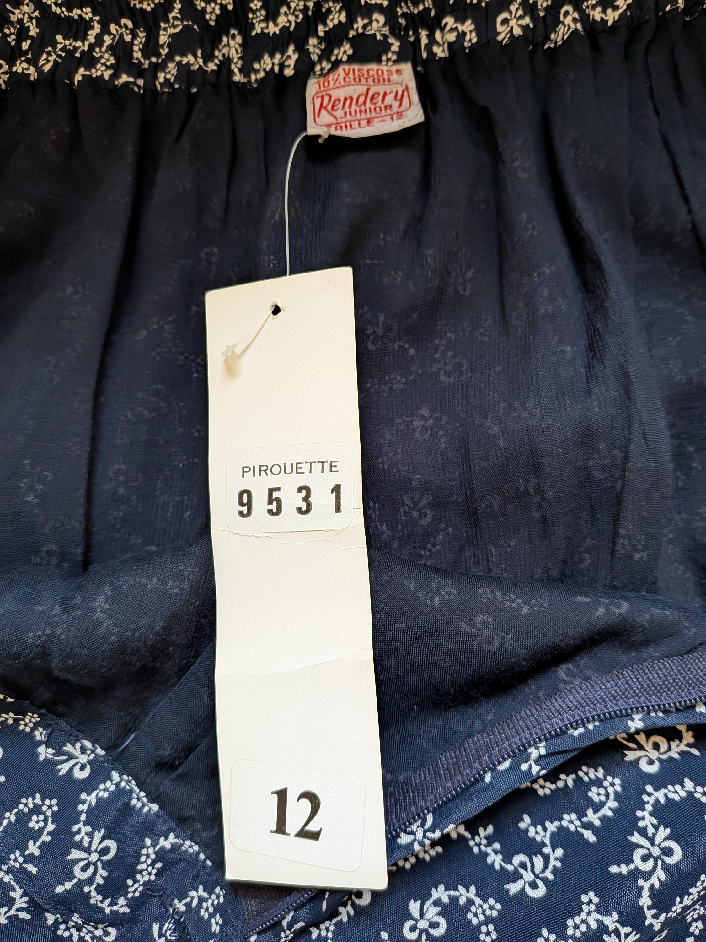 Vintage 1970s Midi Skirt Navy Blue Bow Print