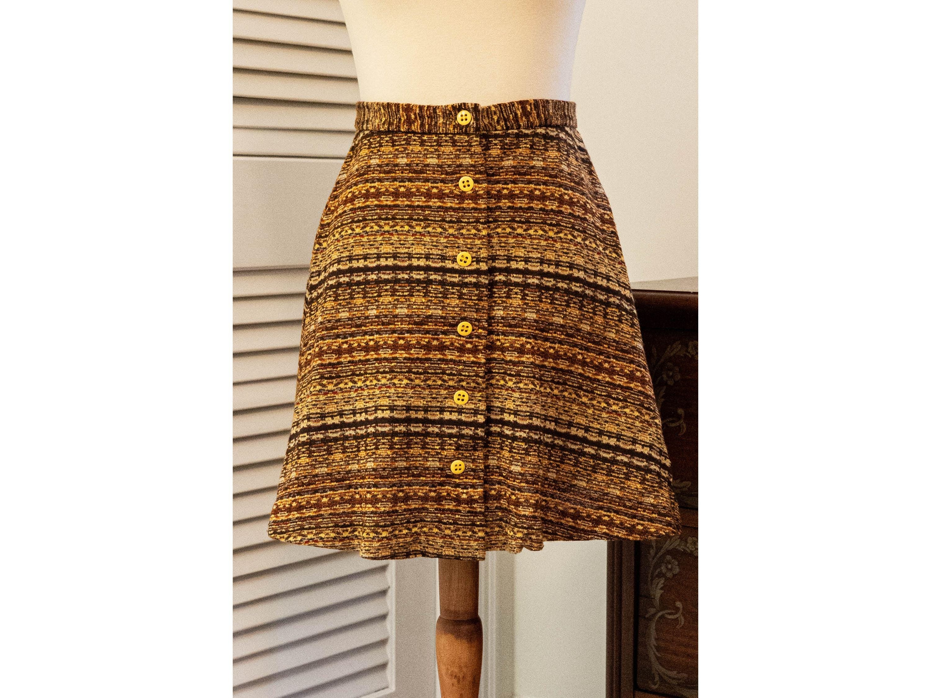 Vintage 1960s Orange Brown Mini Skirt Button Front