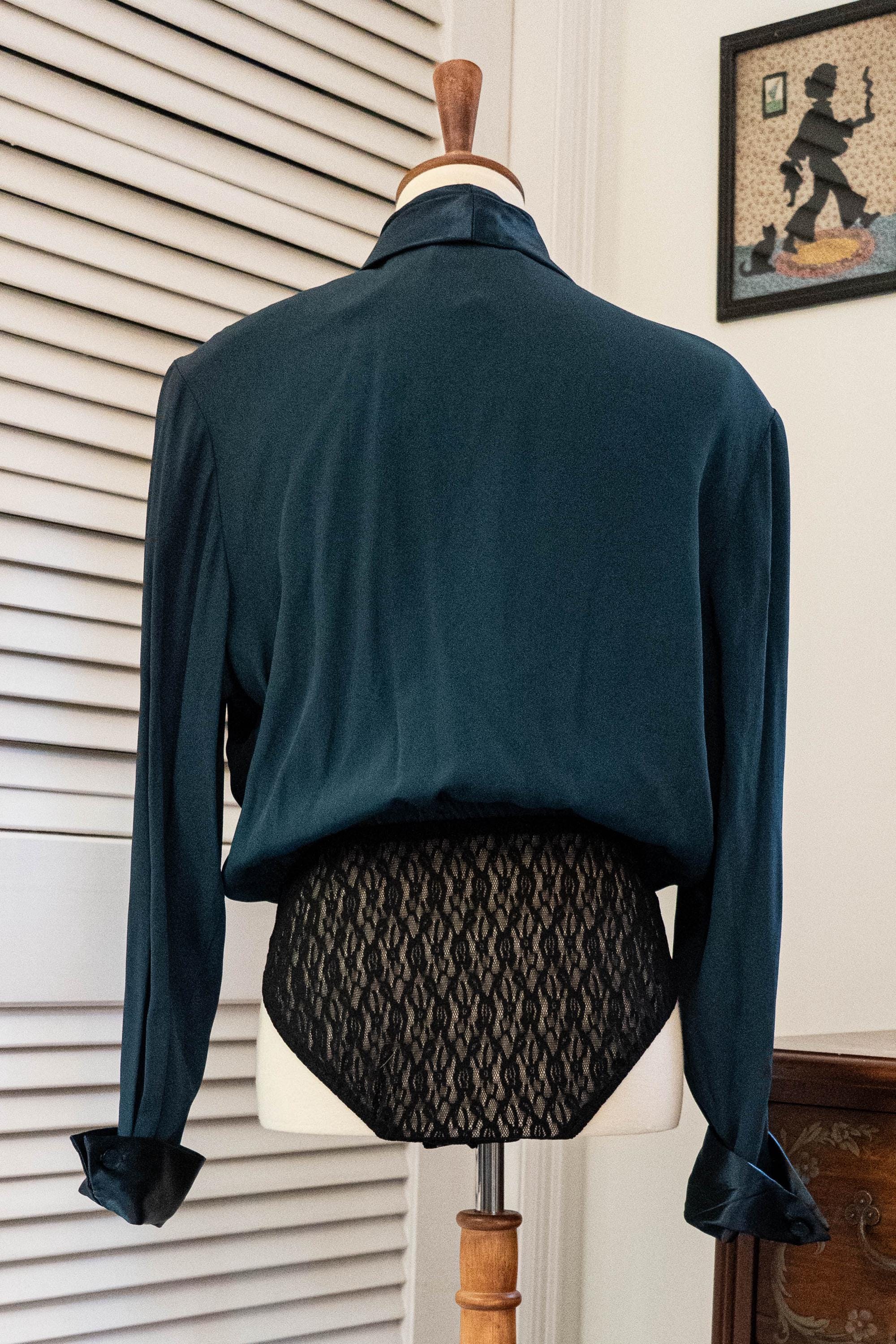 Vintage 1980s Teal Satin and Black Lace Bodysuit Deadstock