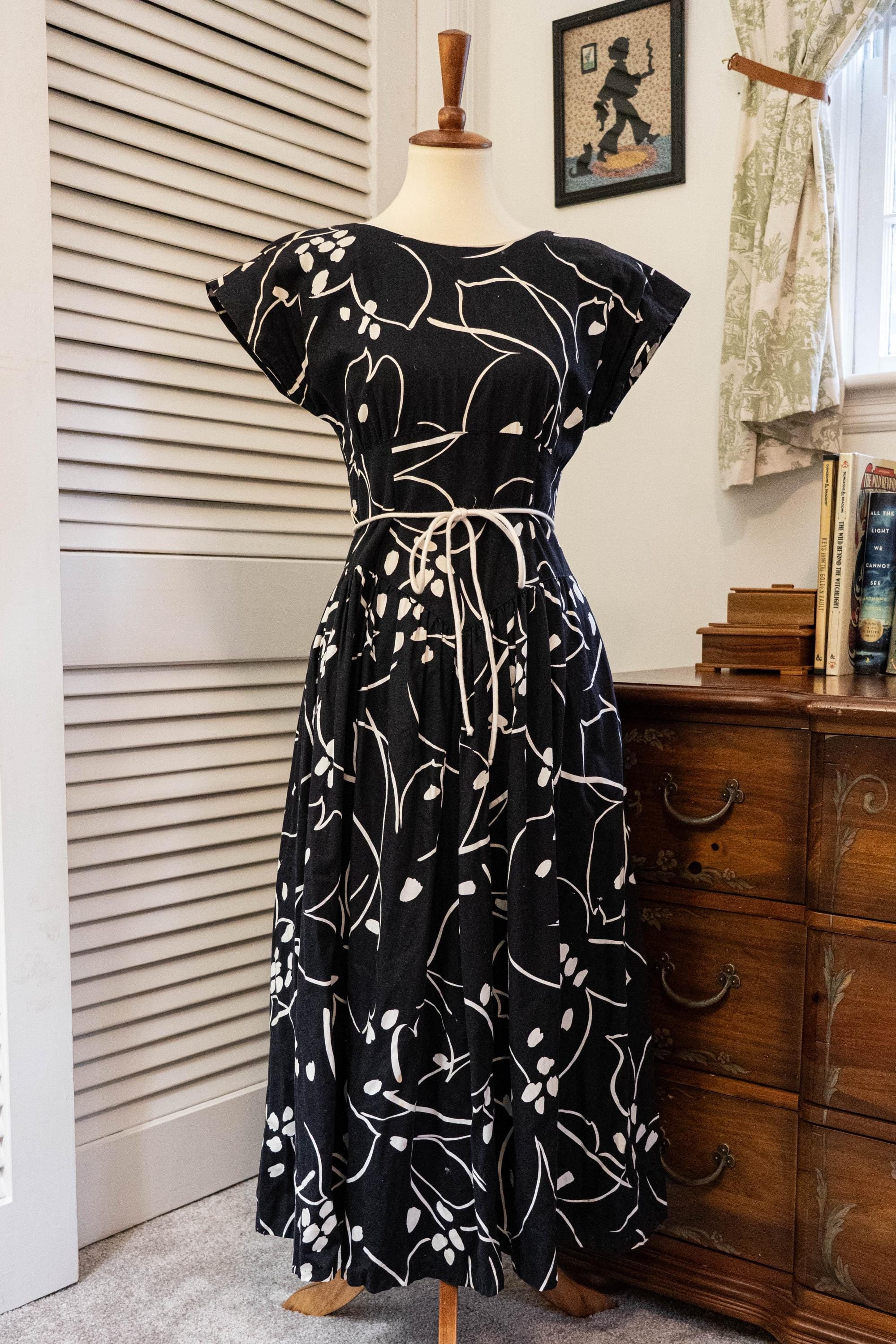 Vintage 1980s Lanz Black Floral Print Midi Dress