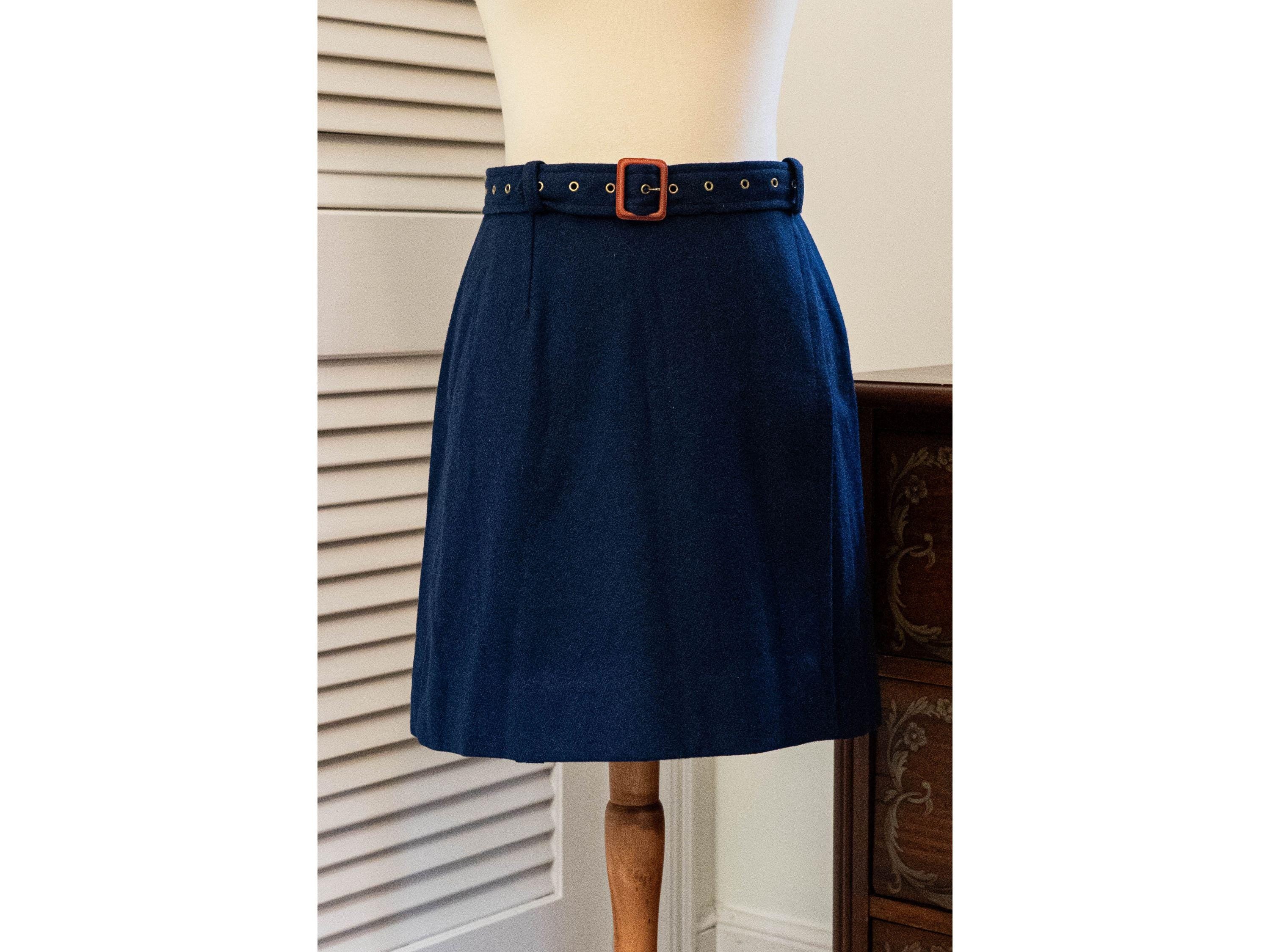 Vintage 1960s Navy Blue Belted Mini Wrap Skirt
