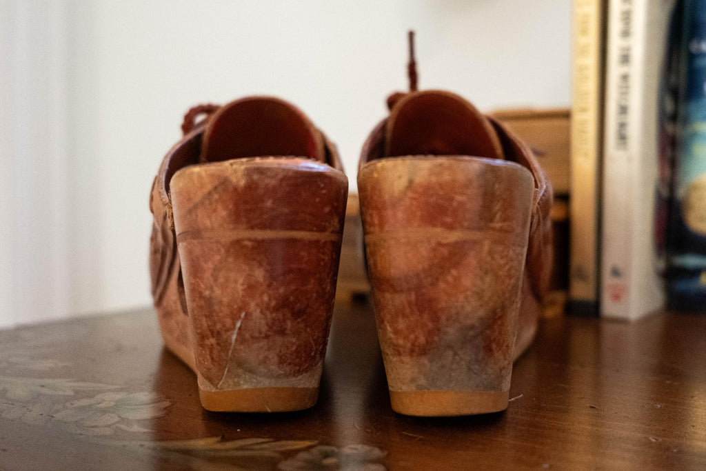 Vintage 1970s Leather Mules Lace Up Open Heel
