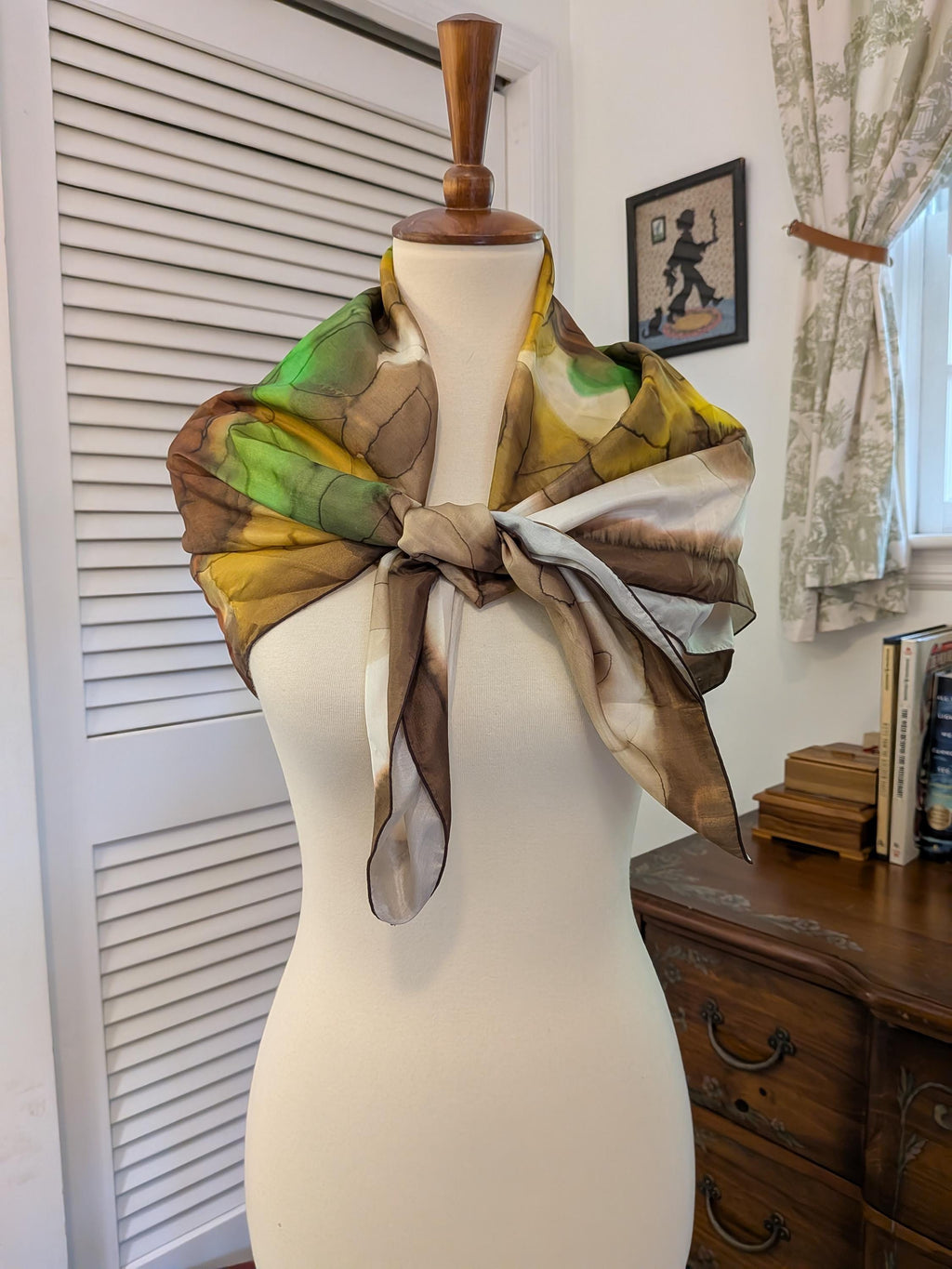 Vintage 1970s Silk Scarf Brown Green Yellow