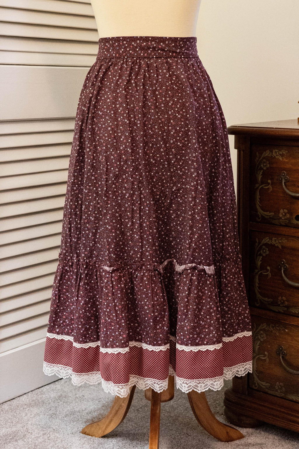 Vintage 1970s Jessica McClintock Gunnies Midi Skirt Burgundy Red