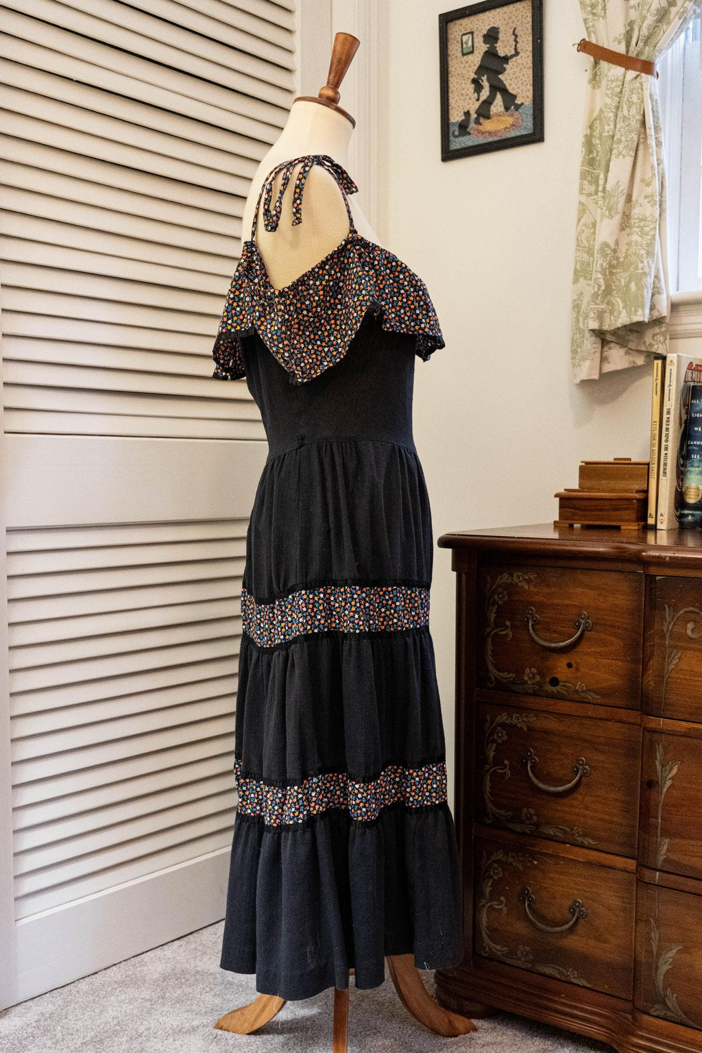 Vintage 1970s Black Floral Maxi Dress