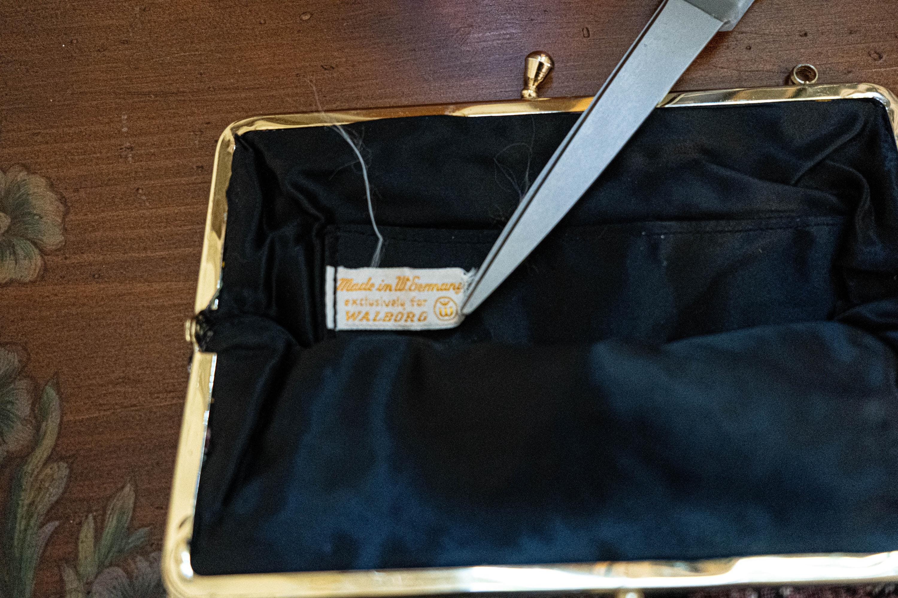 Vintage 1960s Embroidered Floral Black Clutch Handbag