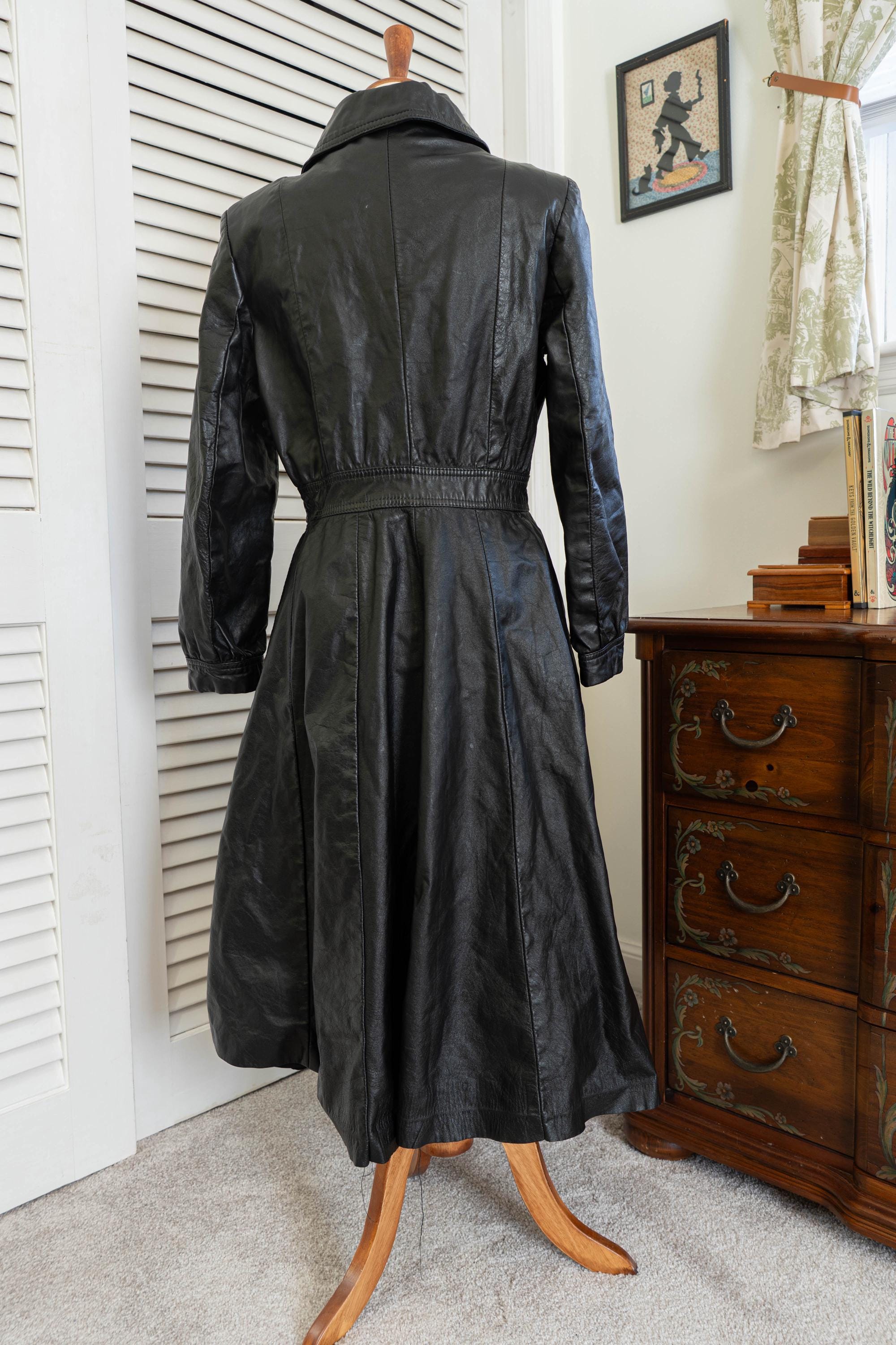 Vintage 1970s Black Leather Trench Princess Coat