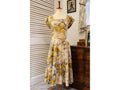 Vintage 1950s Yellow Floral Party Dress Beaded