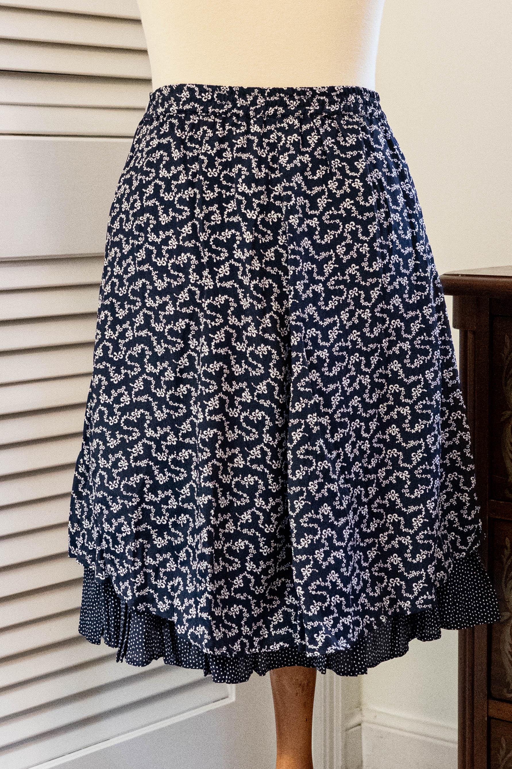 Vintage 1970s Midi Skirt Navy Blue Bow Print
