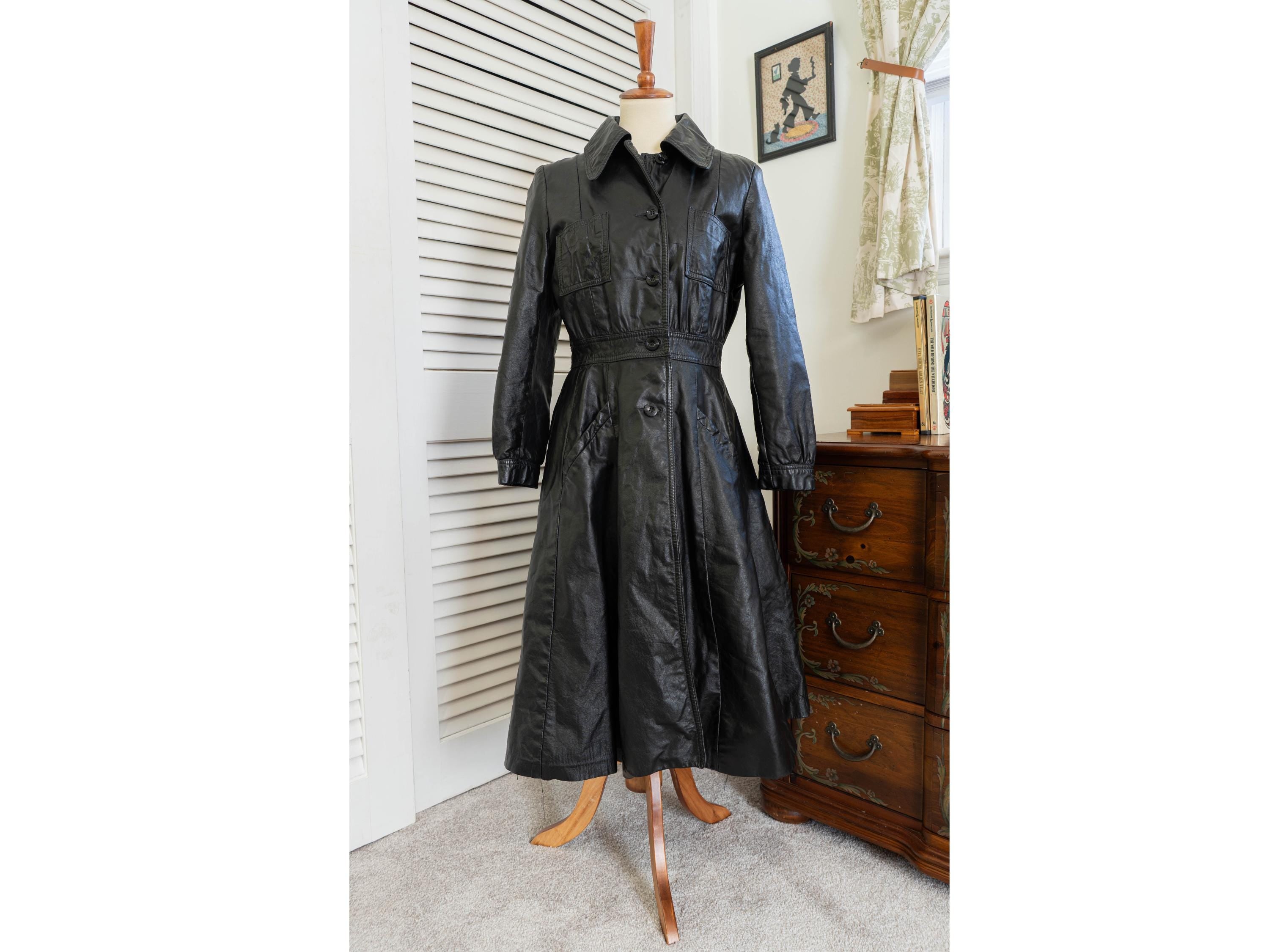 Vintage 1970s Black Leather Trench Princess Coat