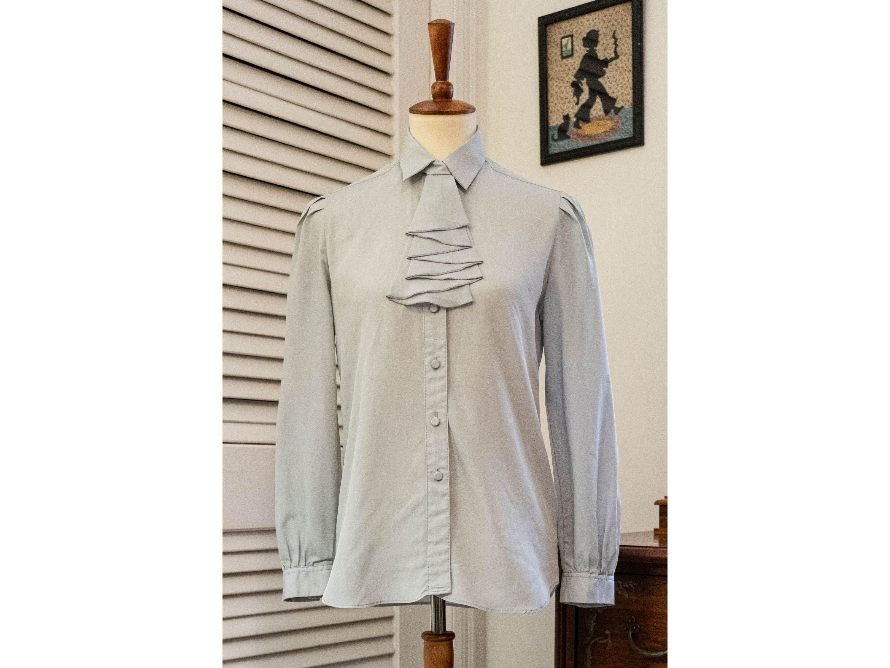 Vintage 1970s Light Grey Tuxedo Collar Button Down Blouse