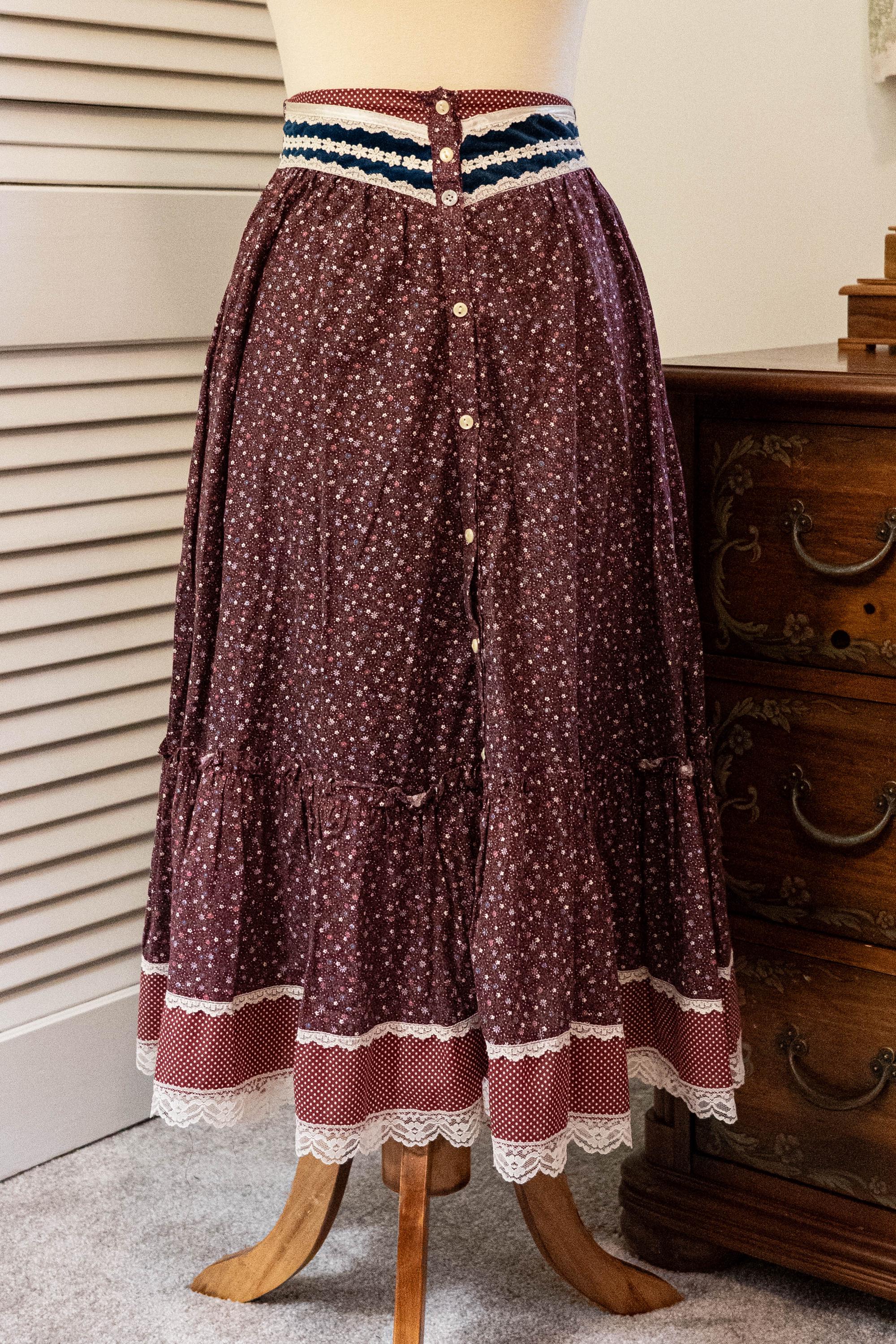 Vintage 1970s Jessica McClintock Gunnies Midi Skirt Burgundy Red