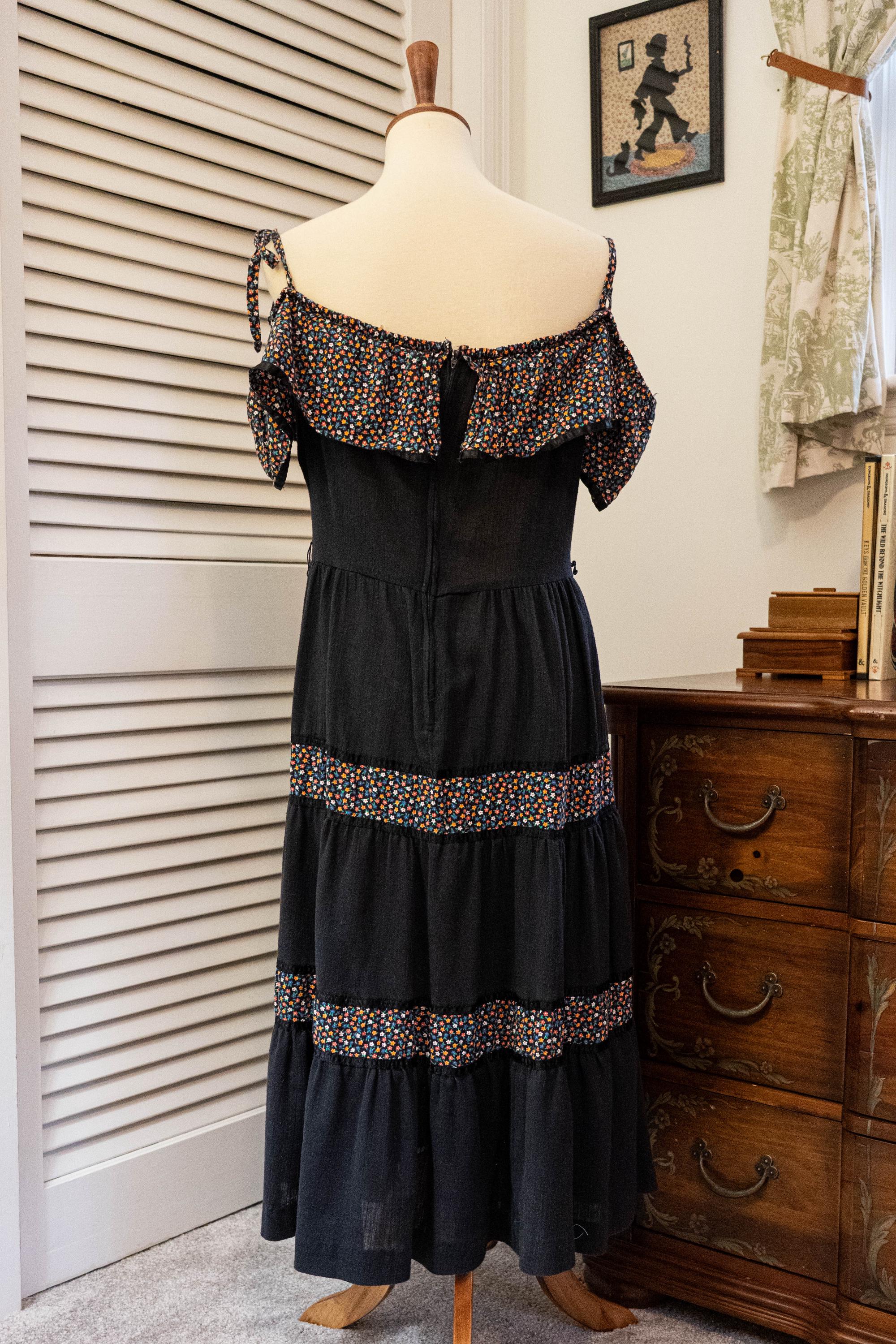 Vintage 1970s Black Floral Maxi Dress