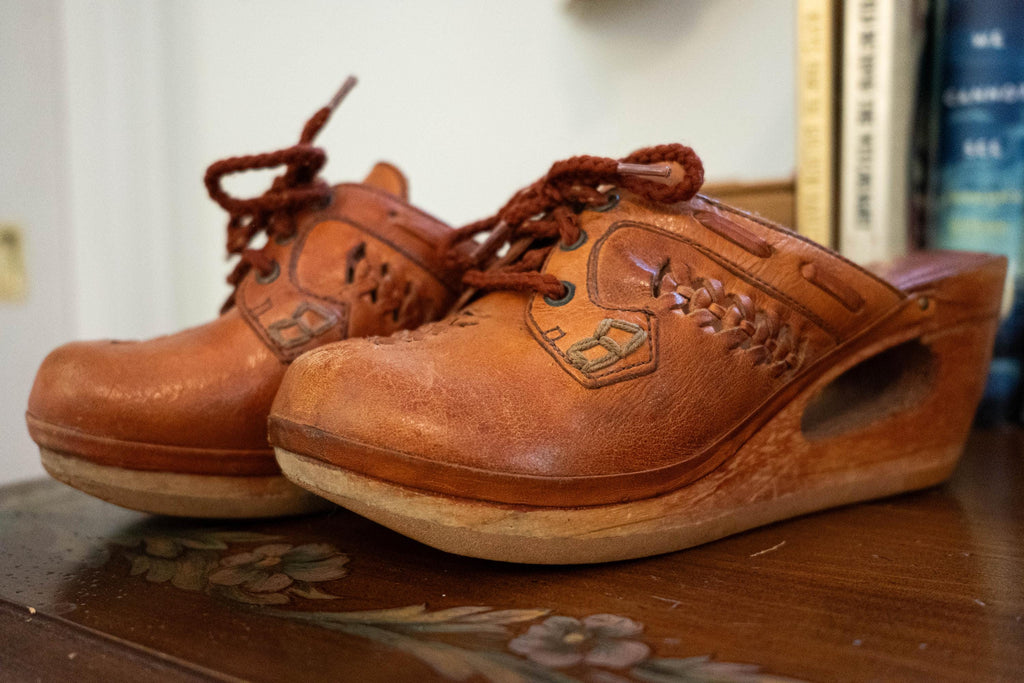 Vintage 1970s Leather Mules Lace Up Open Heel