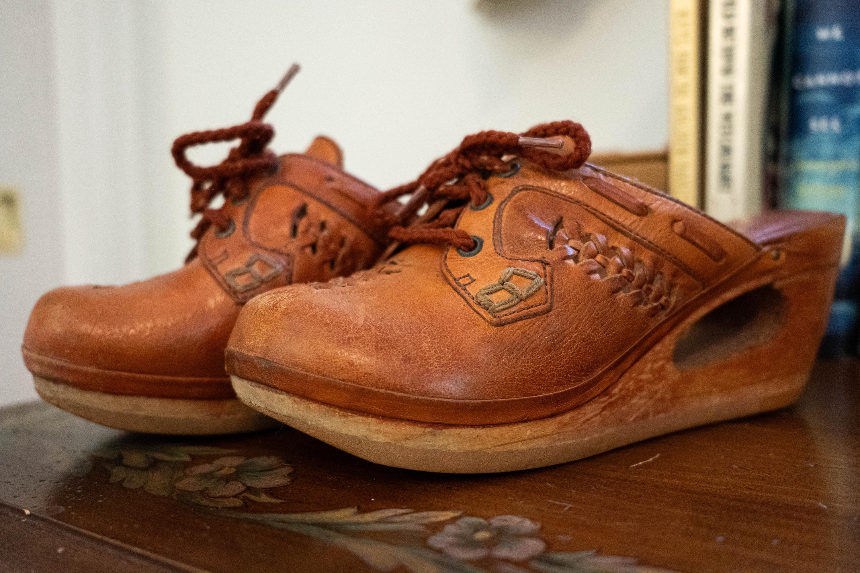 Vintage 1970s Leather Mules Lace Up Open Heel