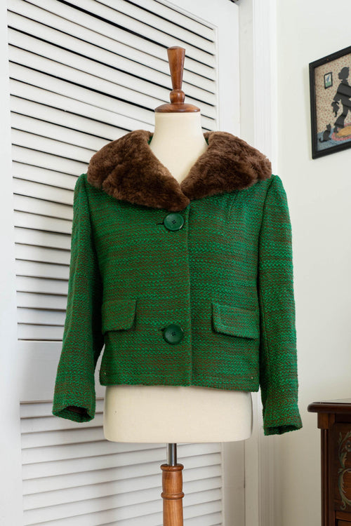 Vintage 1960s Green Faux Fur Collar Blazer