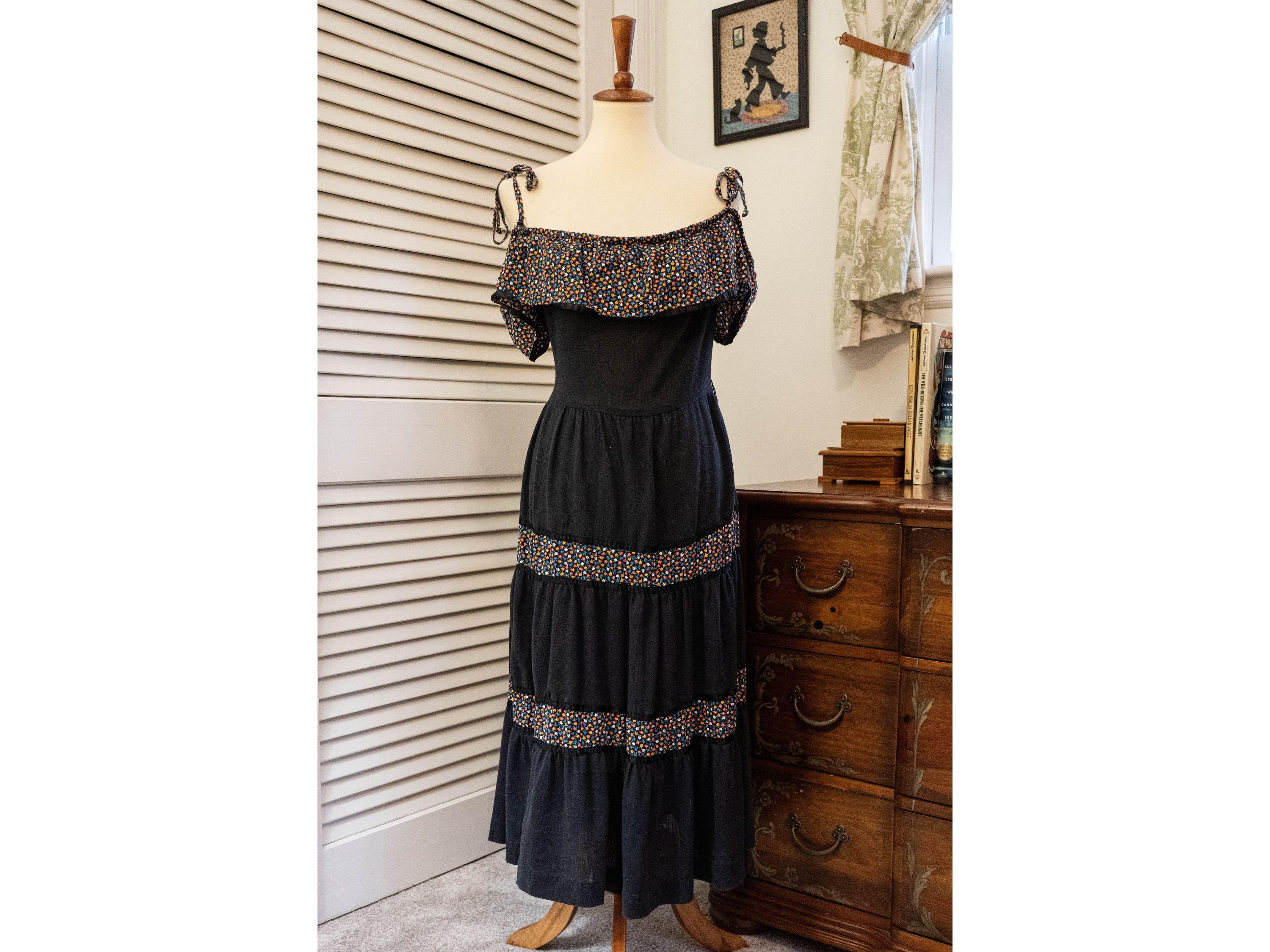 Vintage 1970s Black Floral Maxi Dress