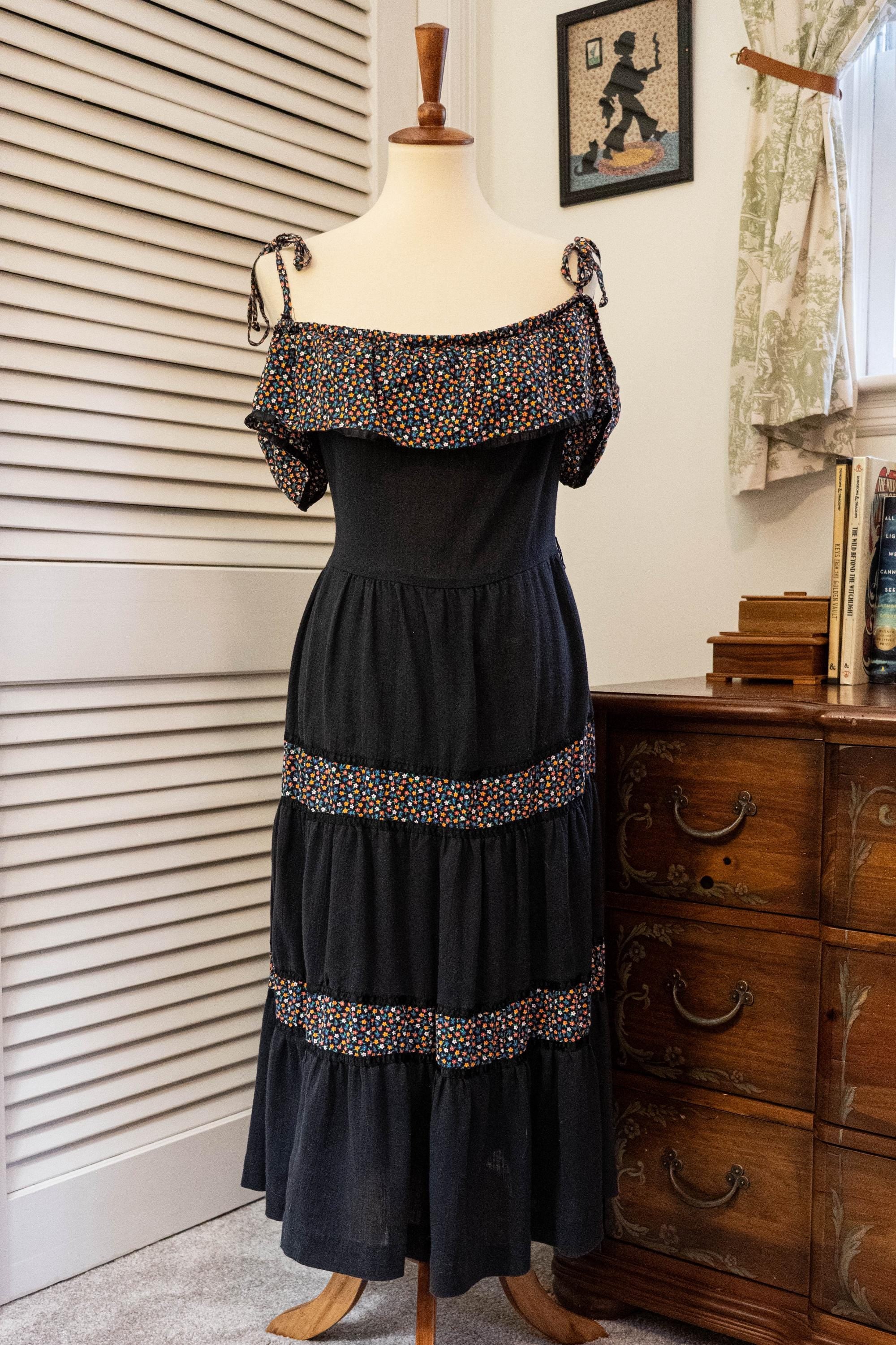 Vintage 1970s Black Floral Maxi Dress