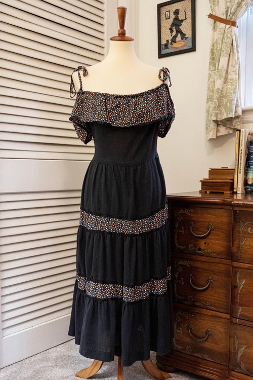 Vintage 1970s Black Floral Maxi Dress