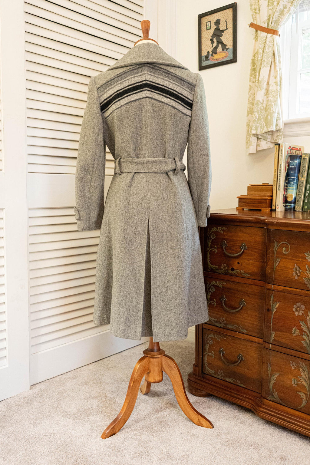 Vintage 1970s Grey Black Chevron Pattern Princess Coat