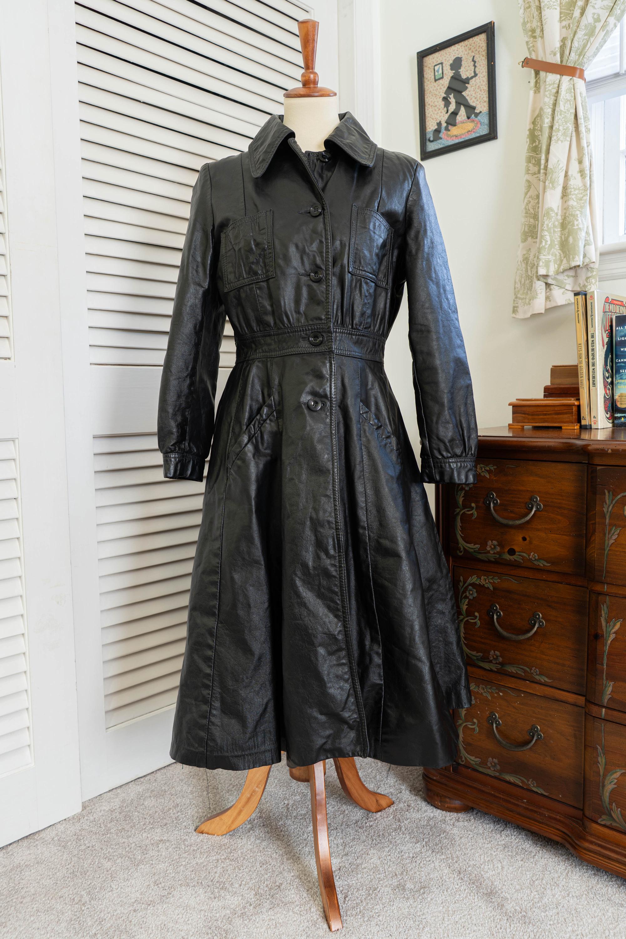 Vintage 1970s Black Leather Trench Princess Coat